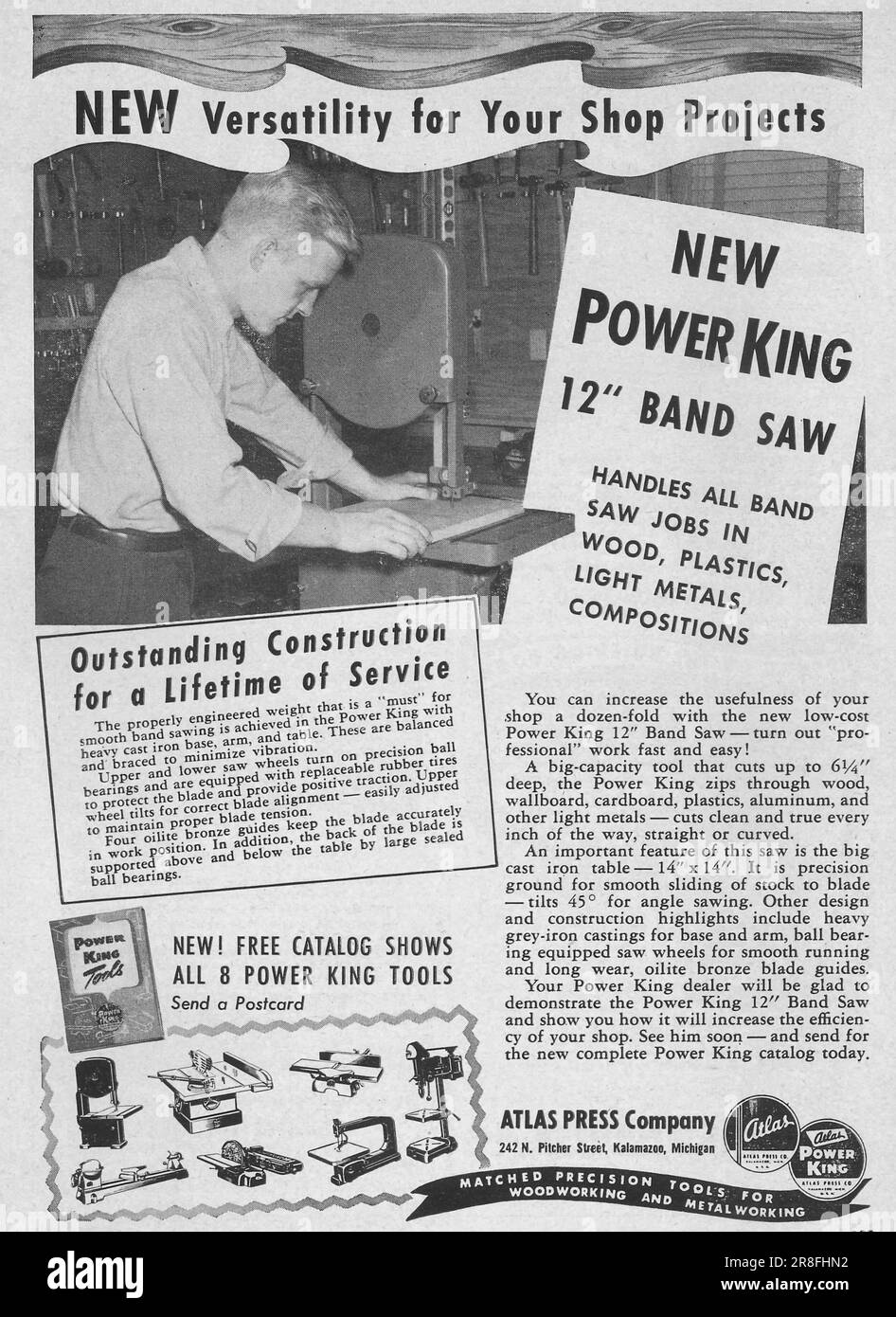 Power King 12`` band saw advert in a magazine 1949 Stock Photo Alamy